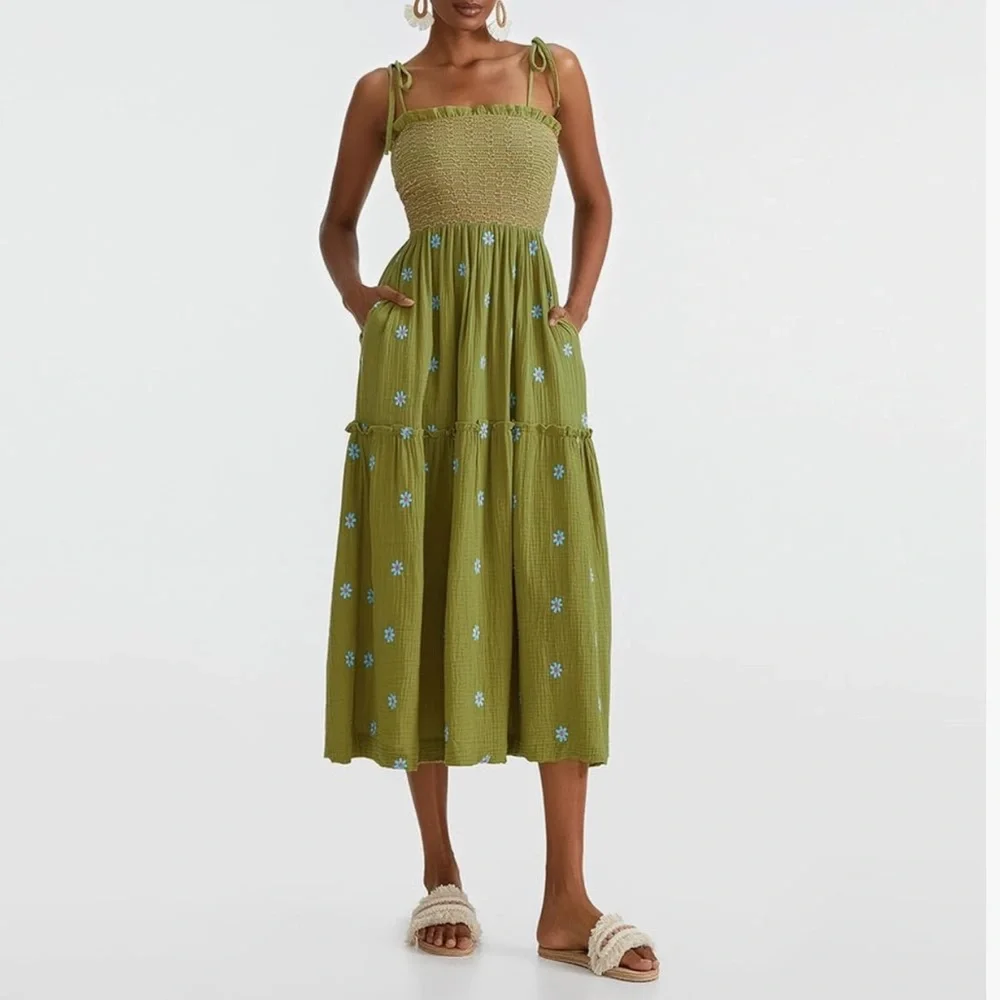 Smocked Tiered Midi Dress in Olive Green - Picture 6 of 10